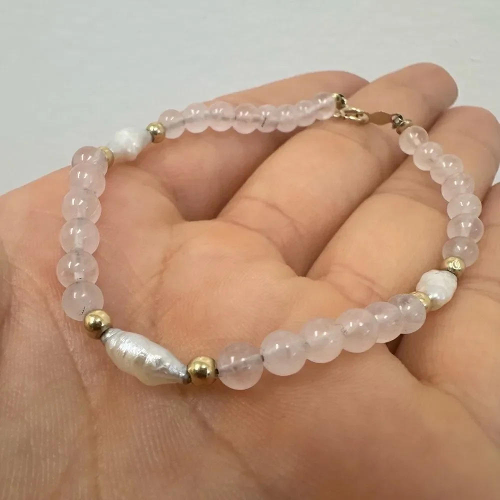 Vintage 14k Yellow Gold Pearl Rose Quartz Bead Ball Bracelet 7